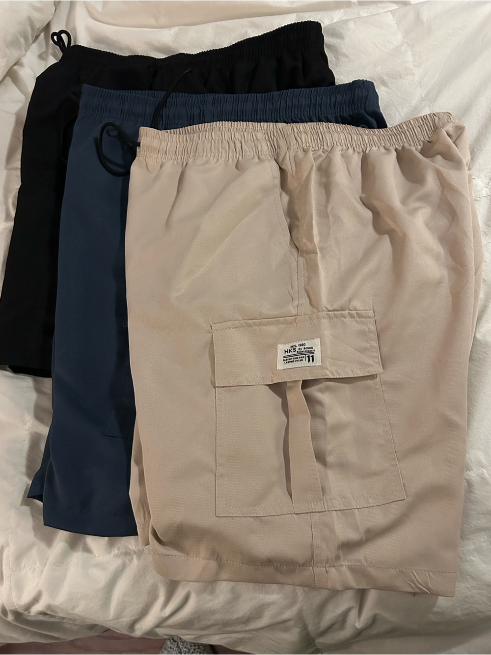 Men's Cargo Shorts with Elastic Waist - Beige, Navy, Black